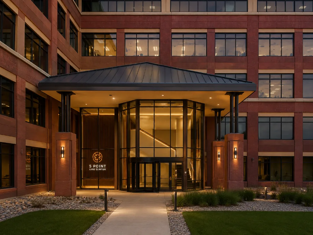 Illuminated Event Center entrance at 5 Point Life Center
