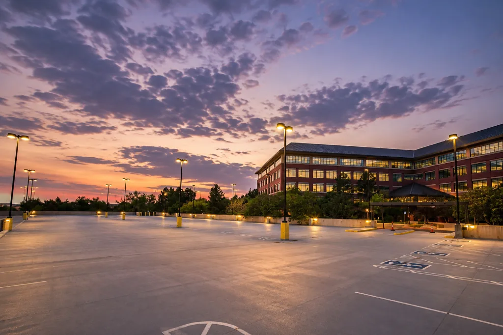 Dedicated event parking beside 5 Point Life Center at dusk