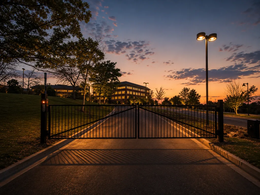 Gated campus entrance at dusk at 5 Point Life Center